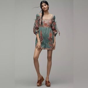 FARM Rio Teal Green Floral Square-Neck Romper with Puff Sleeves